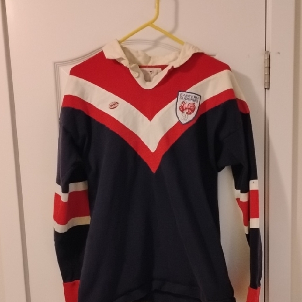 Vintage Rugby Hoodie with Red and White Stripes, Roosters